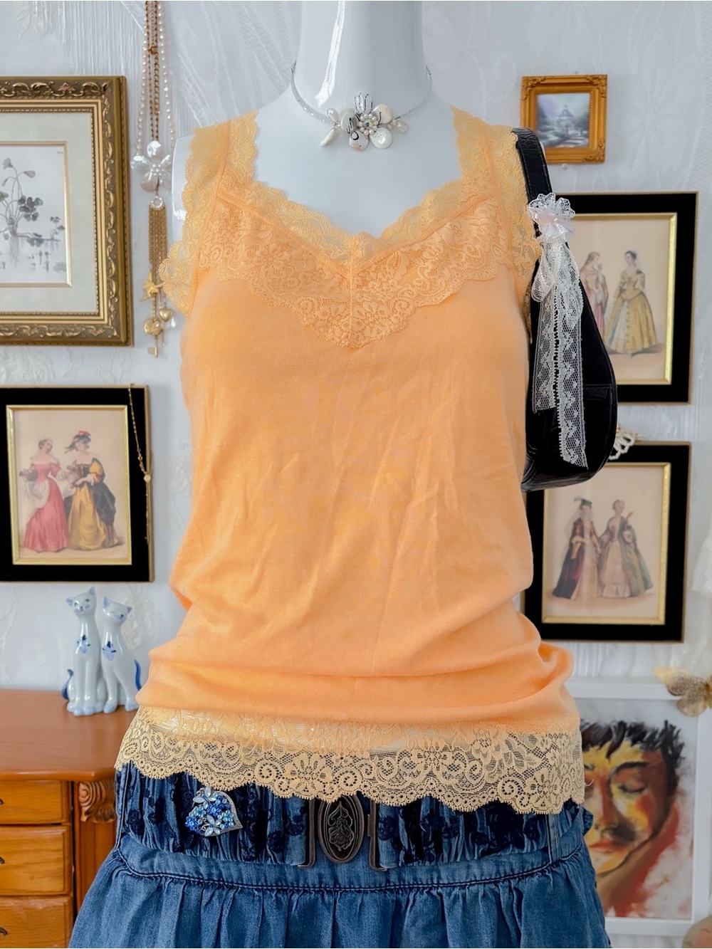 Coquette feminine romantic girly lace trim orange long tank